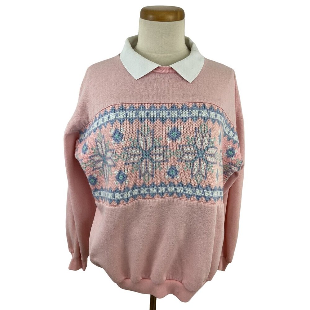 Vintage 90s Women's L Pastel Snowflake Fairy Kei Pullover Collar Sweatshirt Pink